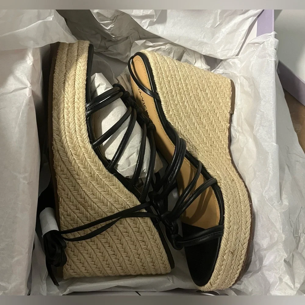 NWT Lisa Vicky Gaze Platform Lace Up Wedge Espadrille in Black Leather - Sz 9.5